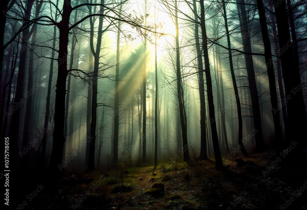 Naklejka premium Silent Forest in spring with beautiful bright sun rays