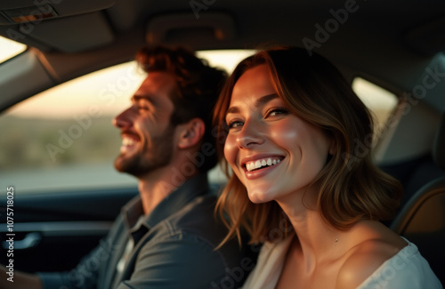 Backlit Photo of a Smiling Couple Enjoying a Car Ride at Sunset. Woman Leaning on Man's Shoulder Captures Joy and Connection During a Scenic Drive.