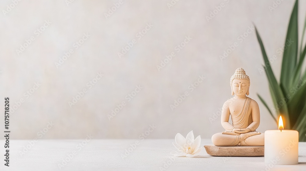 Obraz premium Serene Buddha Statue Surrounded by Candle, White Lotus Flower, and Green Leaves in Tranquil Atmosphere for Meditation and Mindfulness Practice