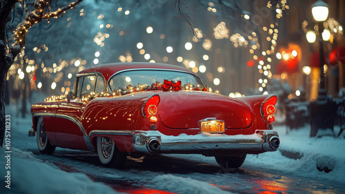 red retro car decorated for Christmas against the backdrop of a night city, garlands, new year, winter, xmas, holiday, festive transport