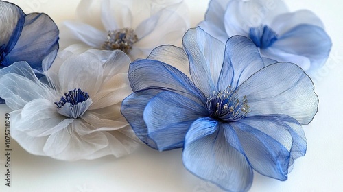  Three blue-and-white flowers on a white table, surrounded by a white surface
