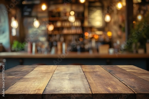 Wooden table top with blurred bar background. Perfect for showcasing your product or branding in a casual, inviting setting.