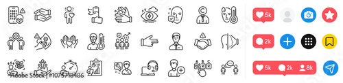 Businessman person, Stress and Face id line icons pack. Social media icons. Business statistics, Leadership, Employees teamwork web icon. Helping hand, Copyrighter, Correct checkbox pictogram. Vector