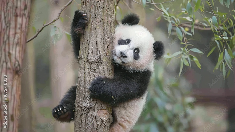 Fototapeta premium A Curious Panda Cub Holding onto a Tree Trunk in a Forest