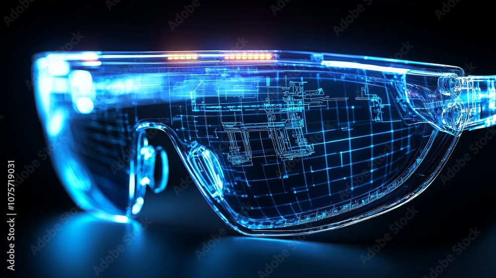 Cyber glasses emitting a detailed hologram, showcasing complex engineering blueprints; digital glow and sharp futuristic lines Cyber glasses emitting a detailed hologram, showcasing complex engineering blueprints; digital glow and sharp futuristic lines
