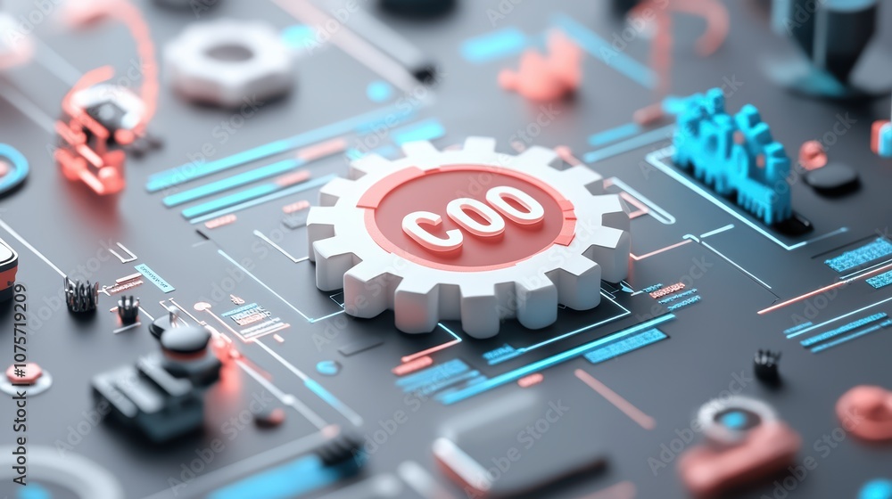 Futuristic Circuit Board with COO Gear Symbol in Neon Blue and Red Light, Representing Technology and Innovation Futuristic Circuit Board with COO Gear Symbol in Neon Blue and Red Light, Representing Technology and Innovation