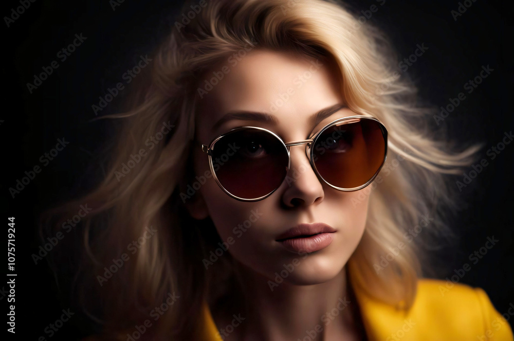 Blonde Woman Wearing Stylish Round Sunglasses. Close-up portrait of a blonde woman with windblown hair, wearing round sunglasses and a yellow jacket against a dark background.
Blonde Woman Wearing Stylish Round Sunglasses. Close-up portrait of a blonde woman with windblown hair, wearing round sunglasses and a yellow jacket against a dark background.