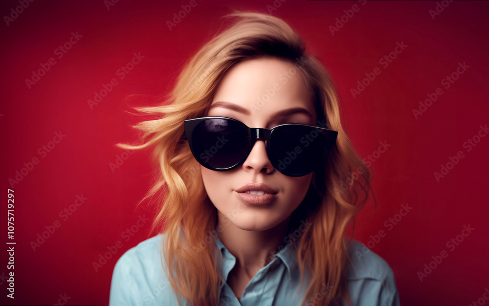 Blonde Woman Wearing Stylish Round Sunglasses. Close-up portrait of a blonde woman with windblown hair, wearing round sunglasses against a red background.
Blonde Woman Wearing Stylish Round Sunglasses. Close-up portrait of a blonde woman with windblown hair, wearing round sunglasses against a red background.