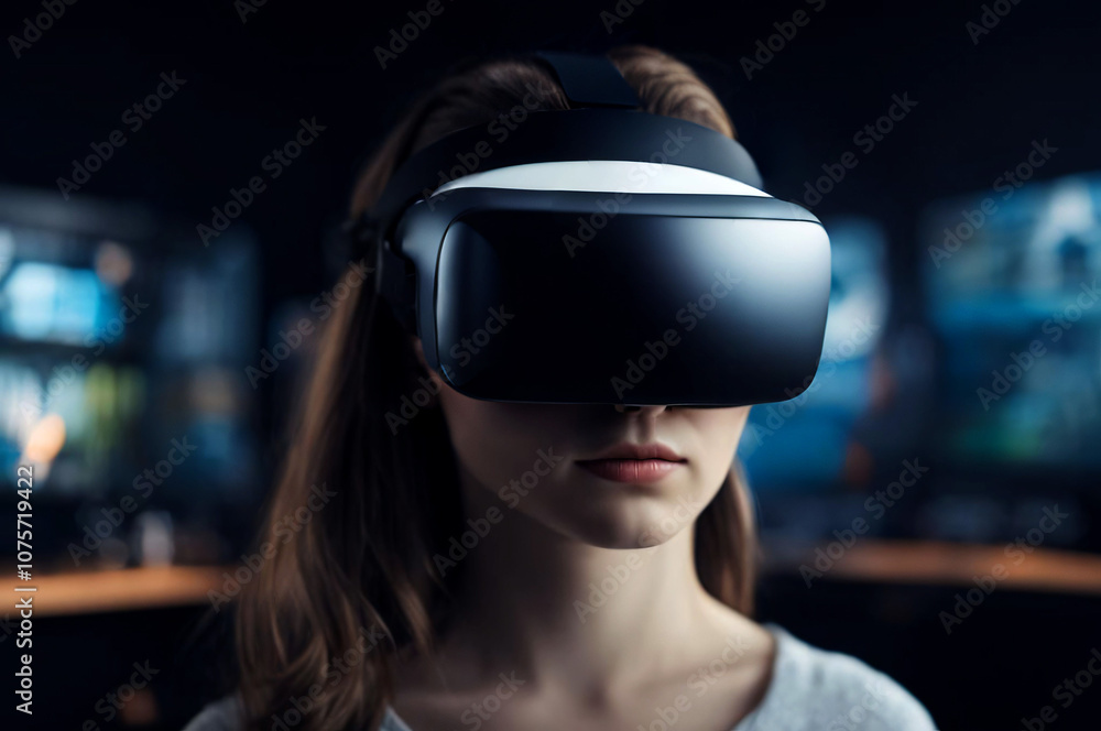 Woman Wearing Virtual Reality Headset Indoors. A young woman wearing a virtual reality headset, immersed in digital content with a dark background and glowing screens.
Woman Wearing Virtual Reality Headset Indoors. A young woman wearing a virtual reality headset, immersed in digital content with a dark background and glowing screens.