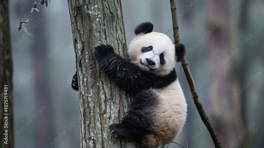 Fototapeta premium A Curious Panda Cub Climbing a Tree in the Forest