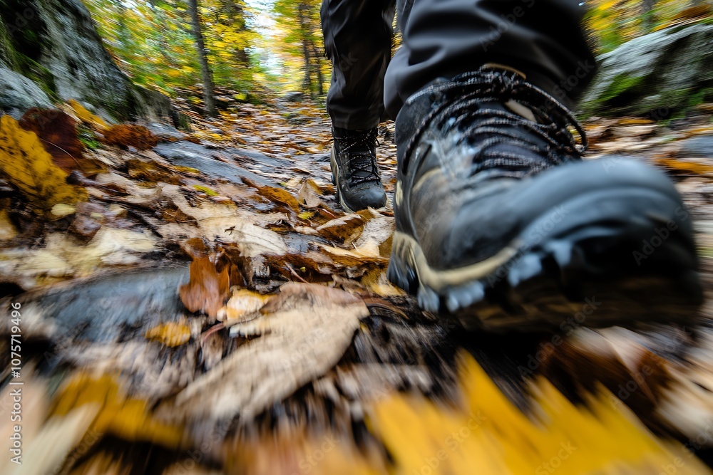 Hiking Boot Stepping on Fall Leaves in a Forest Hiking Boot Stepping on Fall Leaves in a Forest