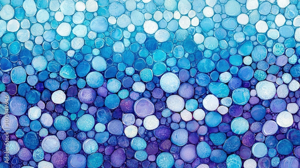Blue-circle painting, featuring close-up of blue and purple circles on blue background, accented by white circles at the bottom Blue-circle painting, featuring close-up of blue and purple circles on blue background, accented by white circles at the bottom