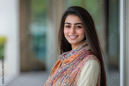 Portrait of a Smiling Young Pakistani Woman in a Traditional Scarf Outdoors