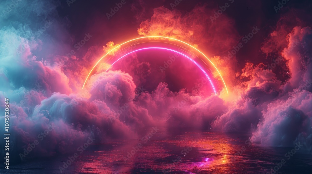 A glowing neon ring rises above a sea of clouds with a reflective surface beneath. A glowing neon ring rises above a sea of clouds with a reflective surface beneath.
