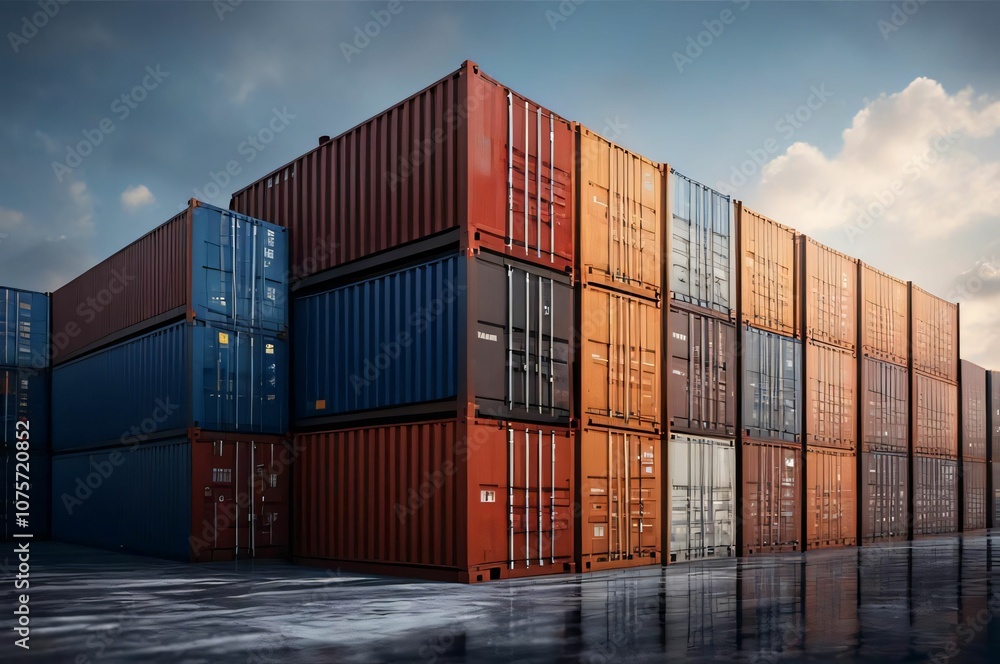 Stacked Shipping Containers at a Dockyard. A close-up of various shipping containers stacked in a cargo yard, showcasing vibrant colors and industrial design under a cloudy sky.
Stacked Shipping Containers at a Dockyard. A close-up of various shipping containers stacked in a cargo yard, showcasing vibrant colors and industrial design under a cloudy sky.