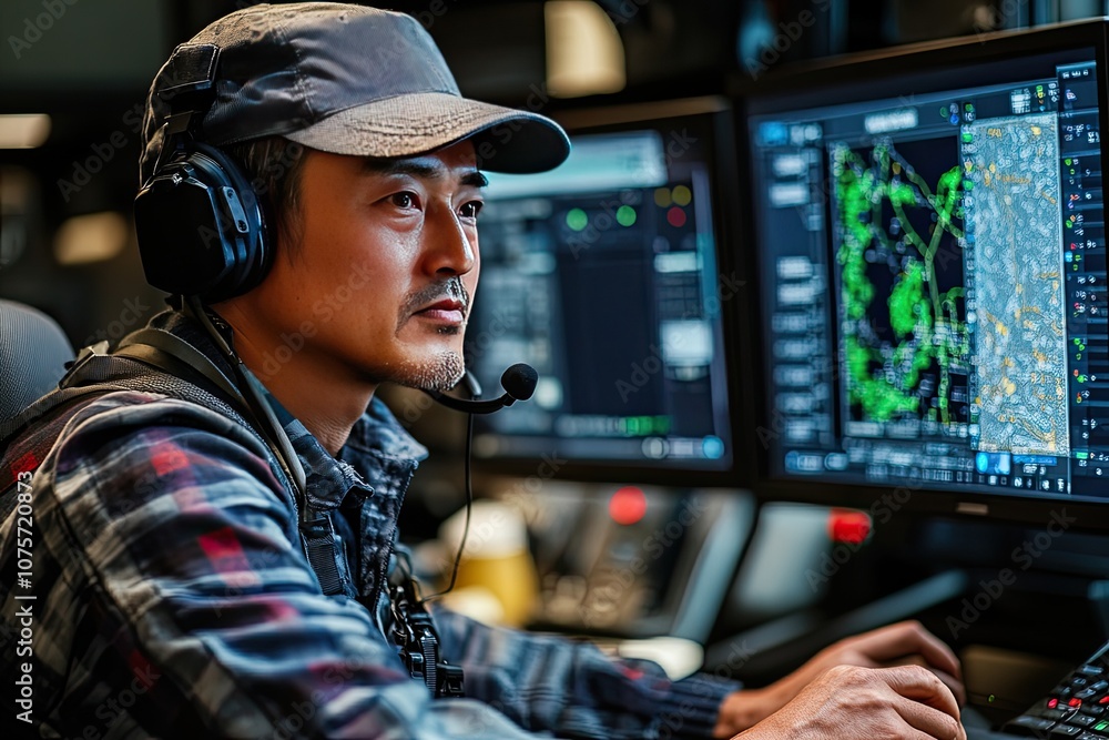 A man in a headset looks at a screen. He's working on a computer with a radar map, showcasing the concept of air traffic control. A man in a headset looks at a screen. He's working on a computer with a radar map, showcasing the concept of air traffic control.