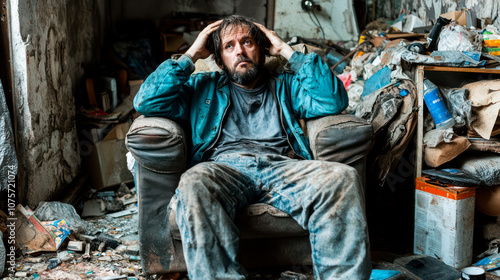 Hoarder in his home full of litter and obsolete things, mental disorder