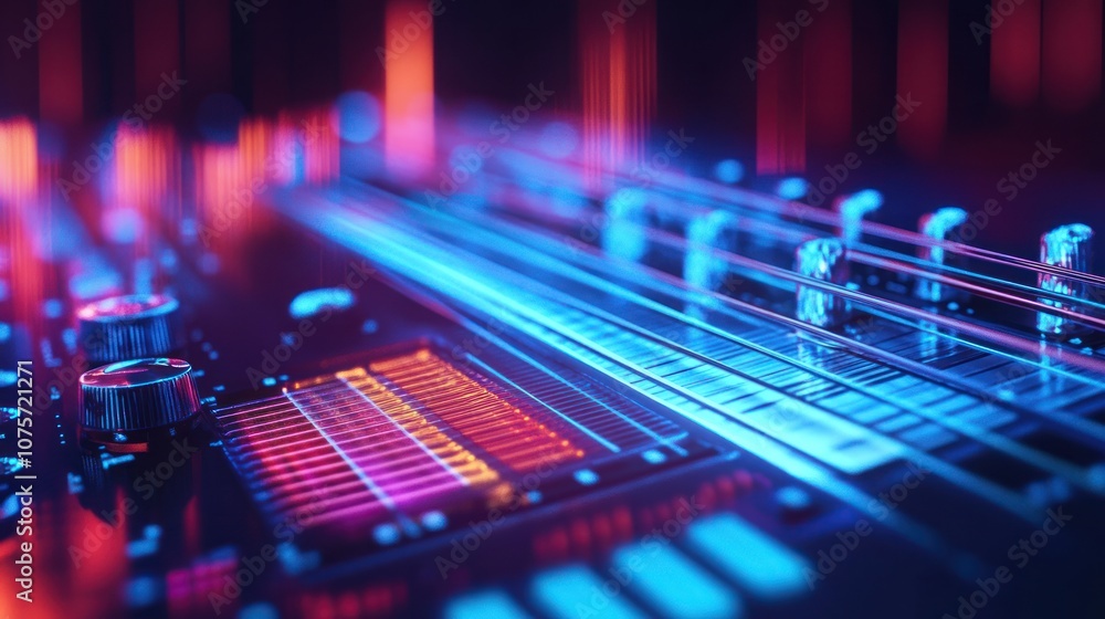 A close-up view of a digital audio mixer with vibrant lights and controls. A close-up view of a digital audio mixer with vibrant lights and controls.