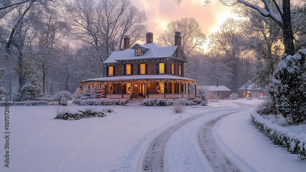 Obraz premium country house decorated for christmas on snowy street, traditional architecture, winter road, trees, frost, park, nature, residential area, new year wallpaper