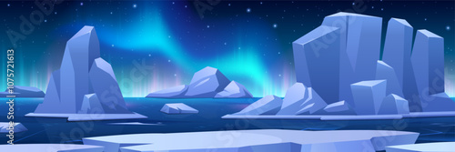 Northern winter horizontal landscape. Vector illustration of snowy Arctic polar landscape with aurora borealis, frozen ocean, icebergs, glaciers. Northern lights in starry sky. Panoramic cold nature