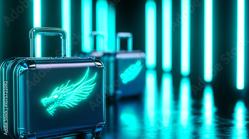 Neon suitcase with futuristic glowing details in dark setup photo