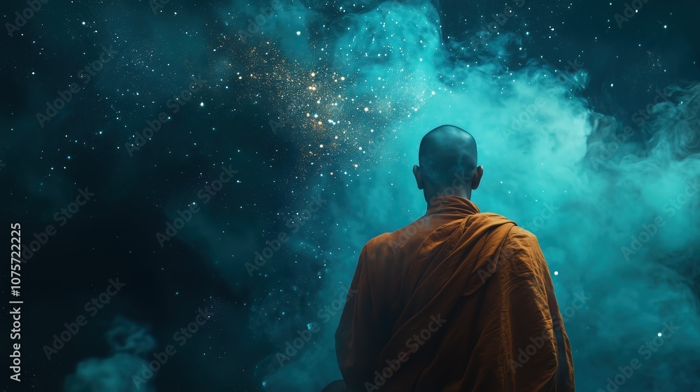 Monk in Orange Robe Gazing at Starry Universe, Spiritual Journey in Space Monk in Orange Robe Gazing at Starry Universe, Spiritual Journey in Space