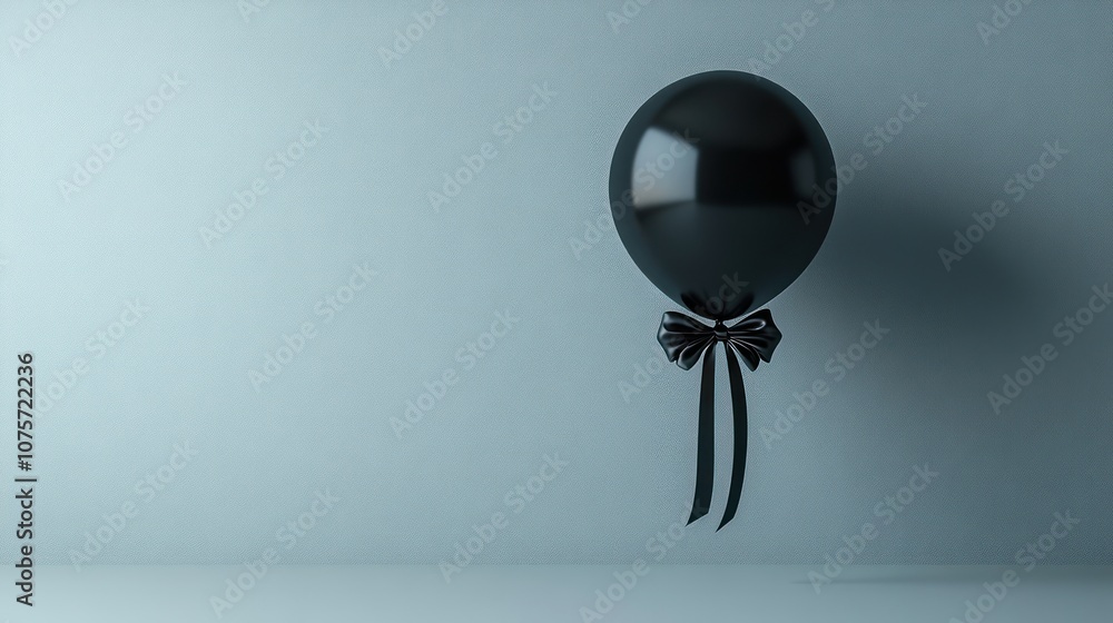 A single black balloon with a black ribbon tied around it, floating in front of a light blue background. A single black balloon with a black ribbon tied around it, floating in front of a light blue background.