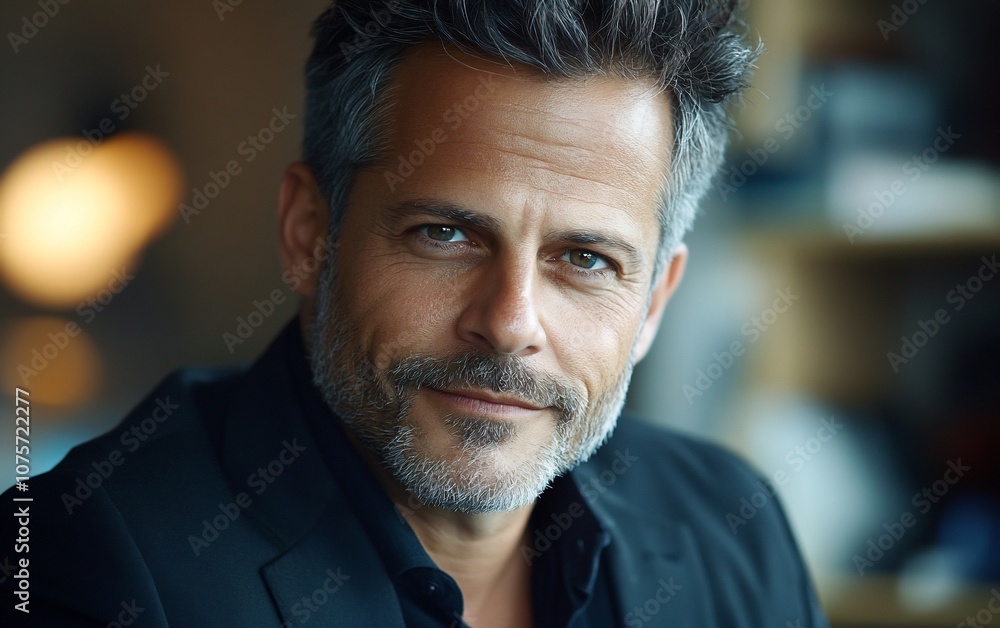 A confident man with a salt and pepper beard, dressed in a black jacket, looks directly at the camera. A confident man with a salt and pepper beard, dressed in a black jacket, looks directly at the camera.