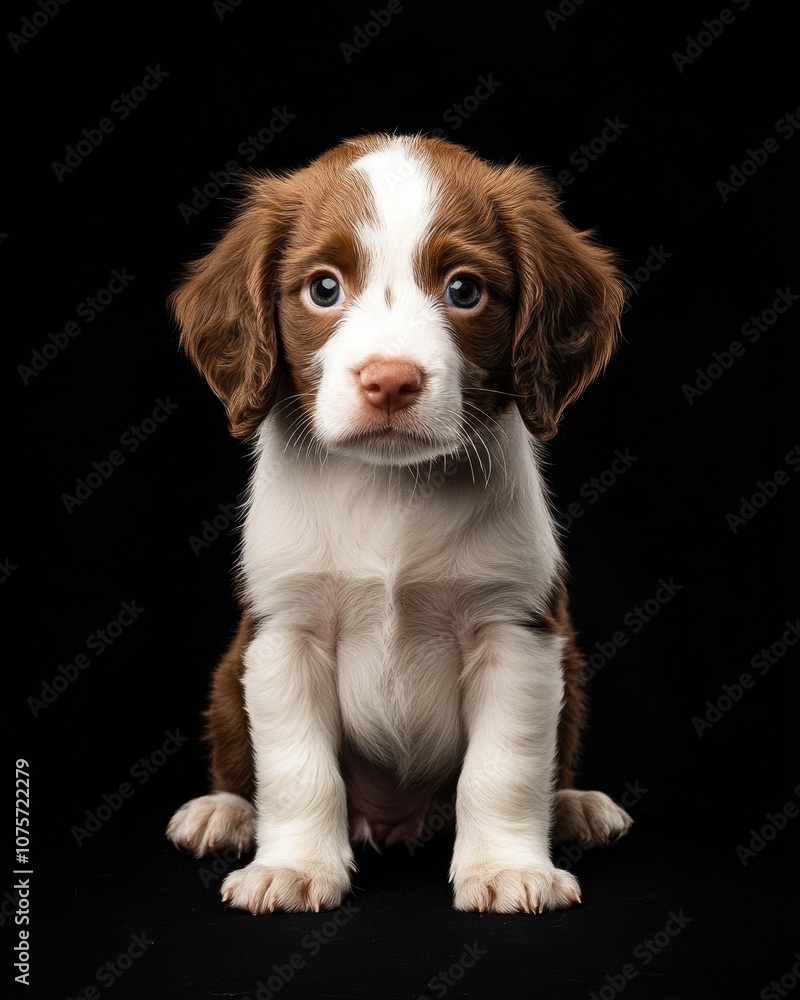 the baby English Springer Spaniel front view, white copy space on right, Isolated on black Background the baby English Springer Spaniel front view, white copy space on right, Isolated on black Background