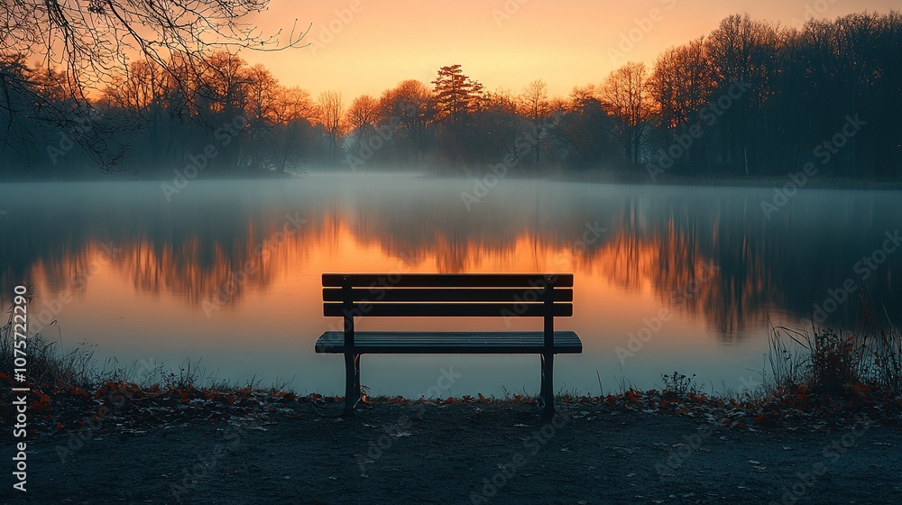 A bench by water with trees & fog A bench by water with trees & fog