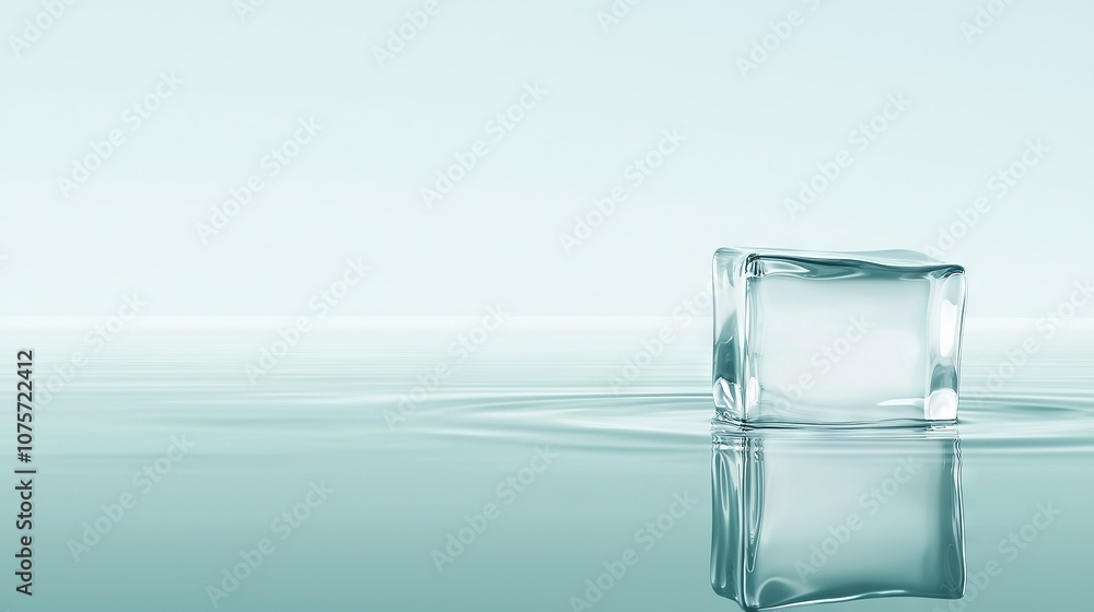 An ice cube floating above water's surface and reflecting in its depth An ice cube floating above water's surface and reflecting in its depth