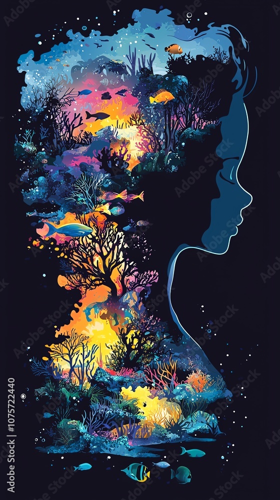 Fototapeta premium Child's silhouette merged with underwater scene, marine life and coral reefs visible within the outline, magical atmosphere