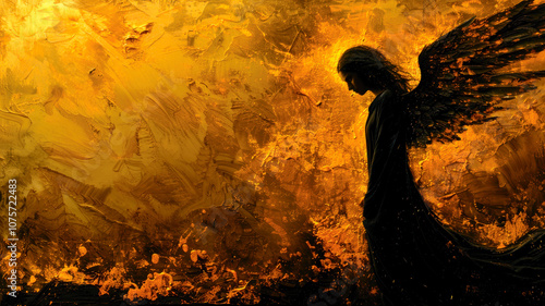 Fallen dark angel depicted in black and gold