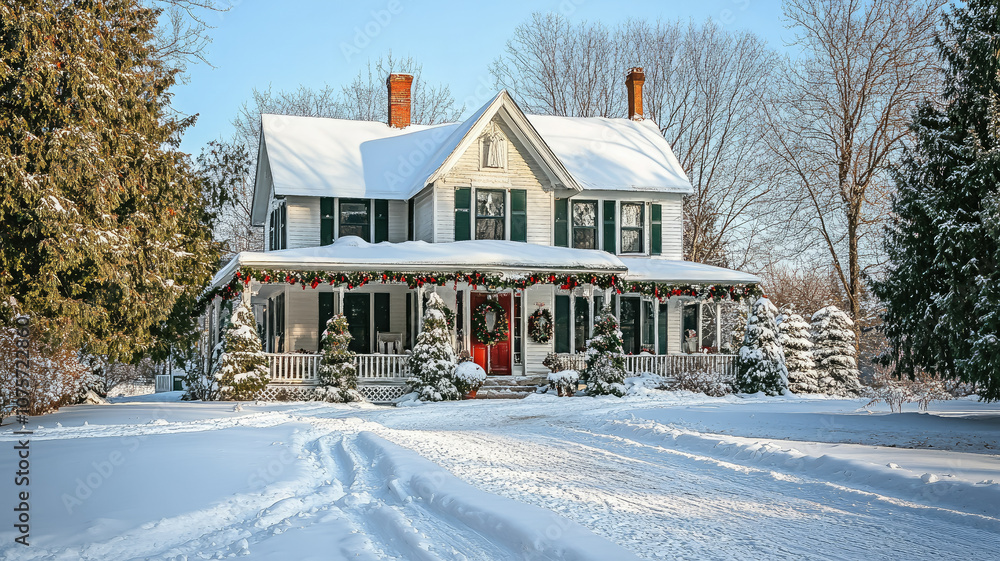 country house decorated for christmas on snowy street, traditional architecture, winter road, trees, frost, park, nature, residential area, new year wallpaper country house decorated for christmas on snowy street, traditional architecture, winter road, trees, frost, park, nature, residential area, new year wallpaper