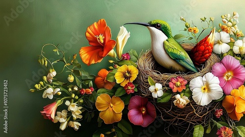 A bird perched atop a blooming nest