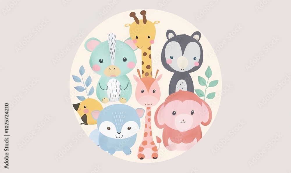 Naklejka premium Realistic cartoon of cute zoo animals with adorable faces and simple modern background ai generated