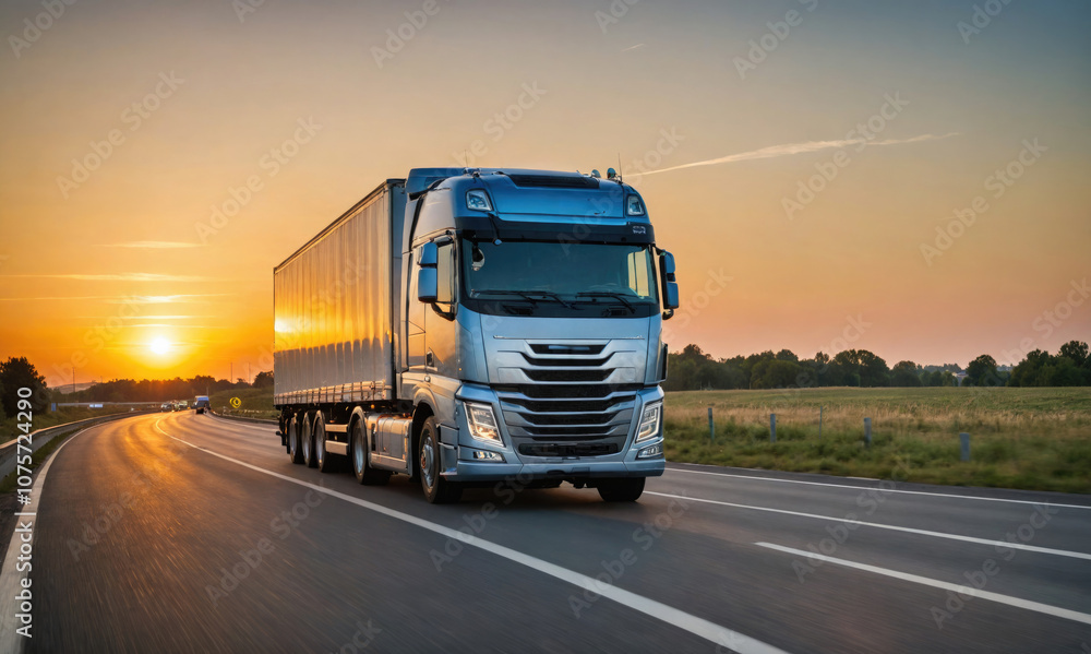 A semi-truck drives on a highway at sunset A semi-truck drives on a highway at sunset
