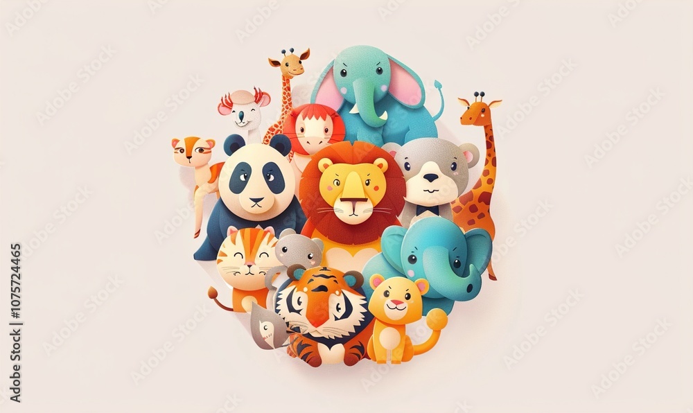 Realistic cartoon of cute zoo animals with adorable faces and simple modern background ai generated Realistic cartoon of cute zoo animals with adorable faces and simple modern background ai generated