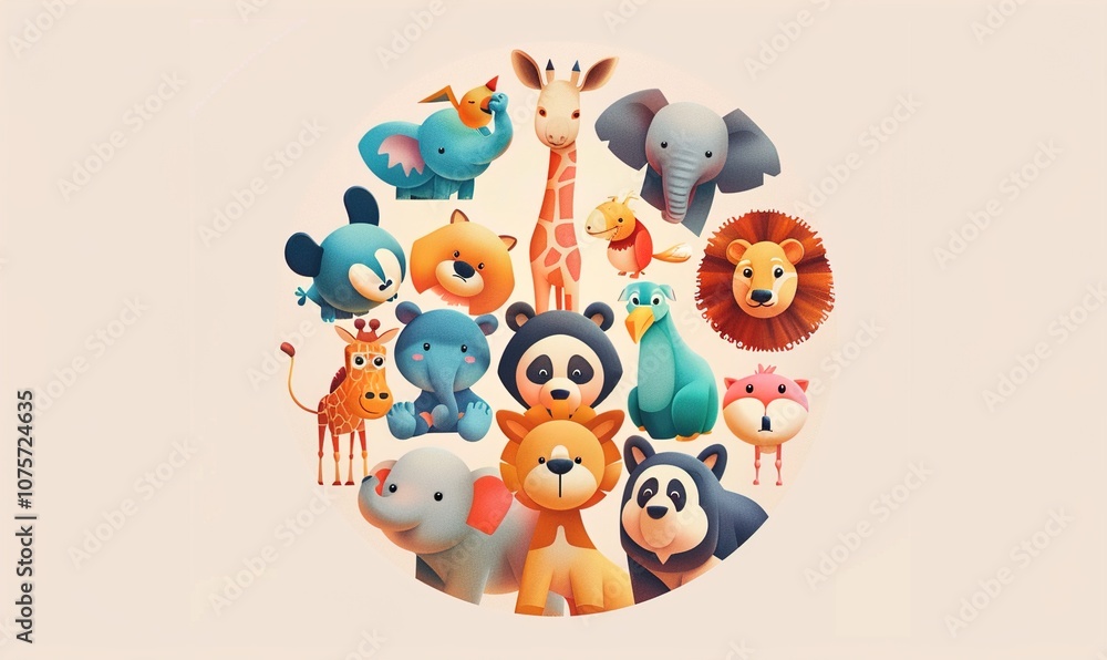 Naklejka premium Realistic cartoon of cute zoo animals with adorable faces and simple modern background ai generated