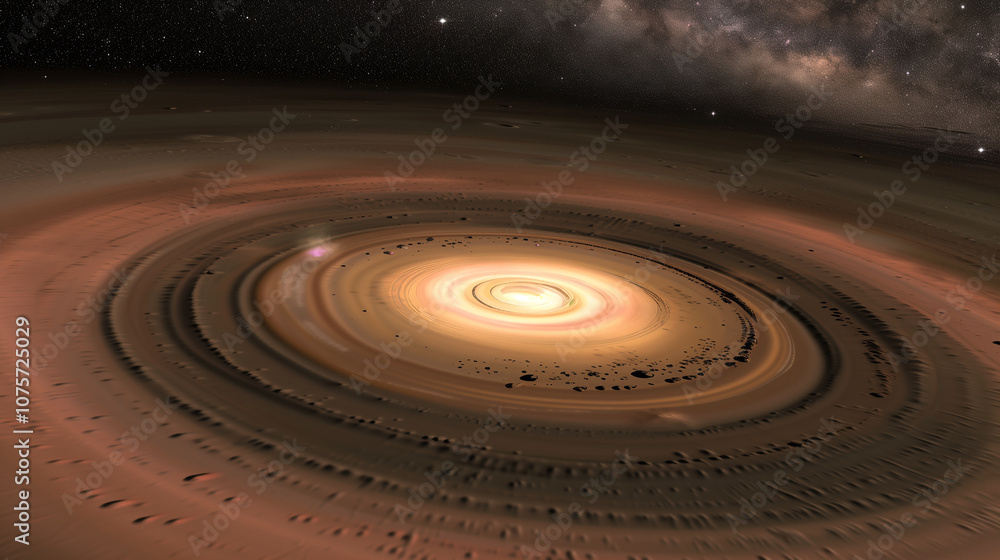 A beautiful protoplanetary disk with dust and an accretion ring surrounds a young star, set against the vast, serene universe. A beautiful protoplanetary disk with dust and an accretion ring surrounds a young star, set against the vast, serene universe.