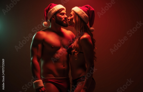 Passionate Christmas Couple in Santa Hats Sharing Intimate Moment in Warm Backlight, Celebrating Festive Romance