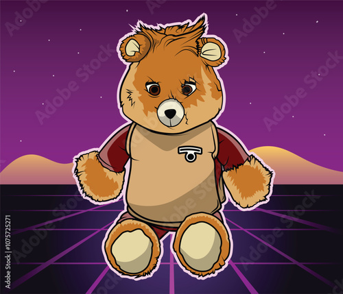 Vector graphic animatronic mechanical stuffed animal toy for children on a retro 1980's synthwave pop background