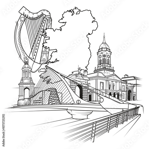 Square vector graphic composition of Dublin Ireland with local, prominent landmarks in a solid one color line drawing style
