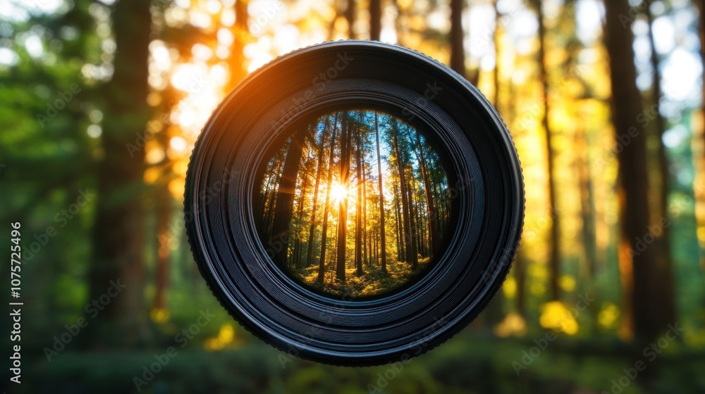 A camera lens framing a sunlit forest scene, highlighting nature's beauty. A camera lens framing a sunlit forest scene, highlighting nature's beauty.