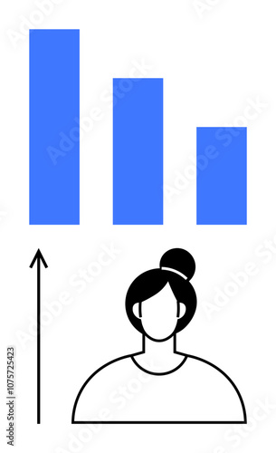 Bar chart above person with bun hairstyle upward arrow. Ideal for growth, success, progress, business, analytics, personal development, motivation. Line metaphor