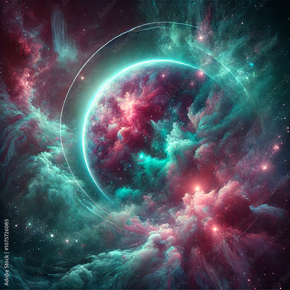 “Vibrant Galactic Scene with Nebulas and Glowing Planet “Vibrant Galactic Scene with Nebulas and Glowing Planet
