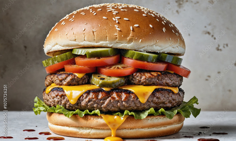 A juicy double cheeseburger with pickles, tomatoes, and lettuce on a sesame seed bun A juicy double cheeseburger with pickles, tomatoes, and lettuce on a sesame seed bun