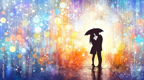  A man and woman stand under an umbrella amidst colorful lights during a rainy day