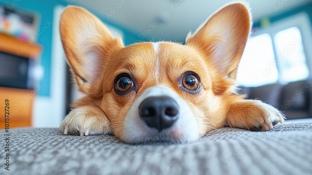 A close-up of a corgi lounging on a sofa, with its big eyes and perked ears giving an adorable and relaxed vibe in a cozy room. A close-up of a corgi lounging on a sofa, with its big eyes and perked ears giving an adorable and relaxed vibe in a cozy room.