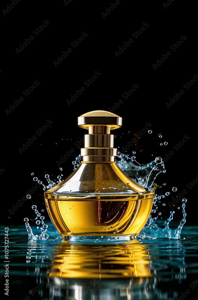 Luxury Perfume Bottle with Splash Effect. A sleek glass perfume bottle with amber liquid, surrounded by dramatic water splashes against a bold black background.
Luxury Perfume Bottle with Splash Effect. A sleek glass perfume bottle with amber liquid, surrounded by dramatic water splashes against a bold black background.